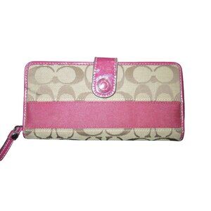 Coach Signature Logo Pink Stripe Zip Around Long Wallet with Snap Closure